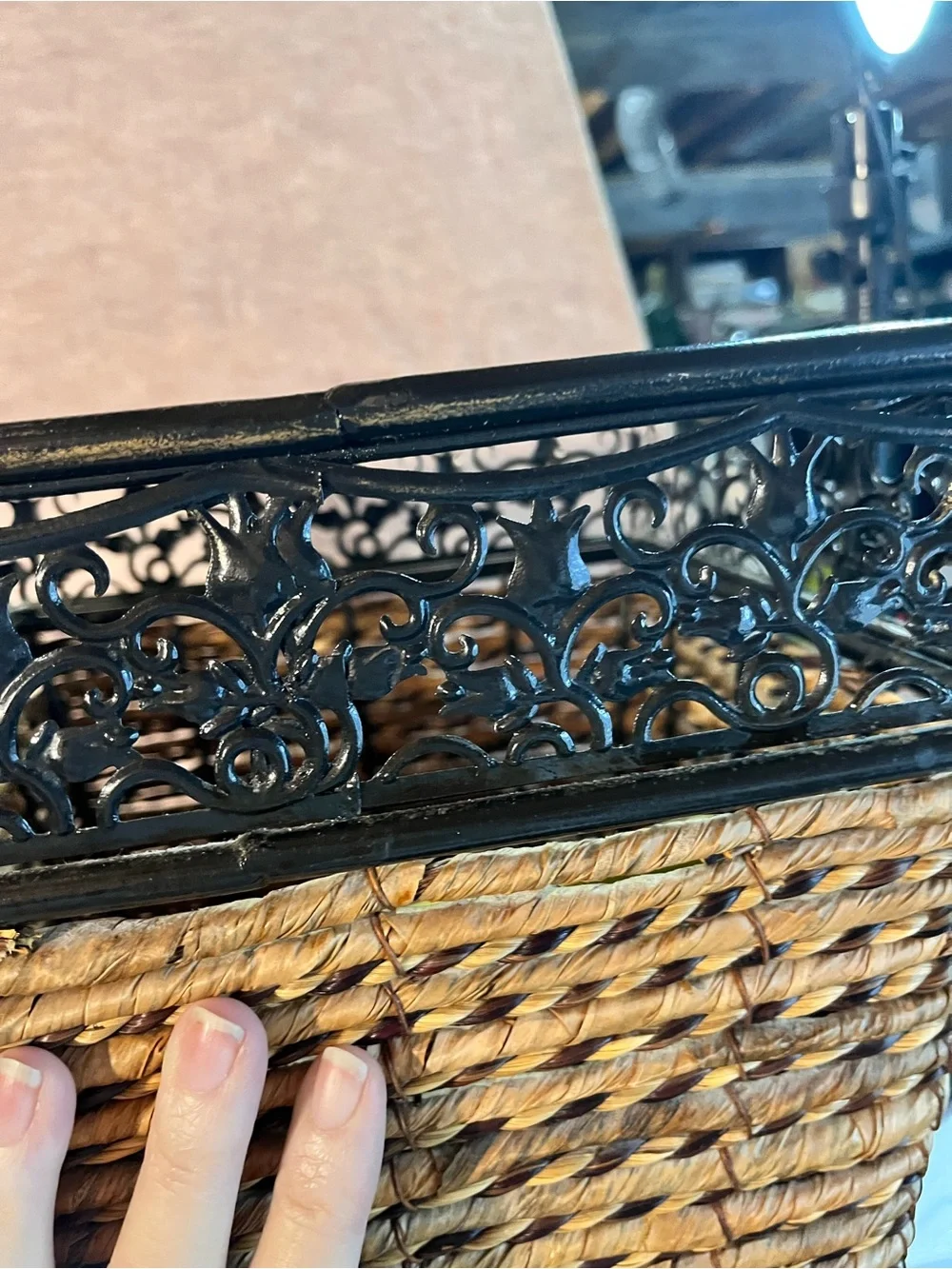 Woven Seagrass Storage Basket with Decorative Black Metal Rim